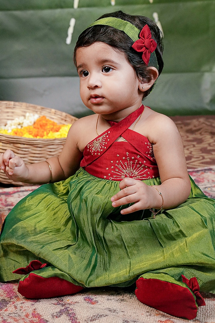 Green & Red Handloom Cotton Silk Embroidered Dress For Girls by Mirali at Pernia's Pop Up Shop