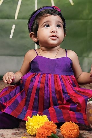 Pink & Purple & Red Handloom Cotton Silk Dress For Girls by Mirali