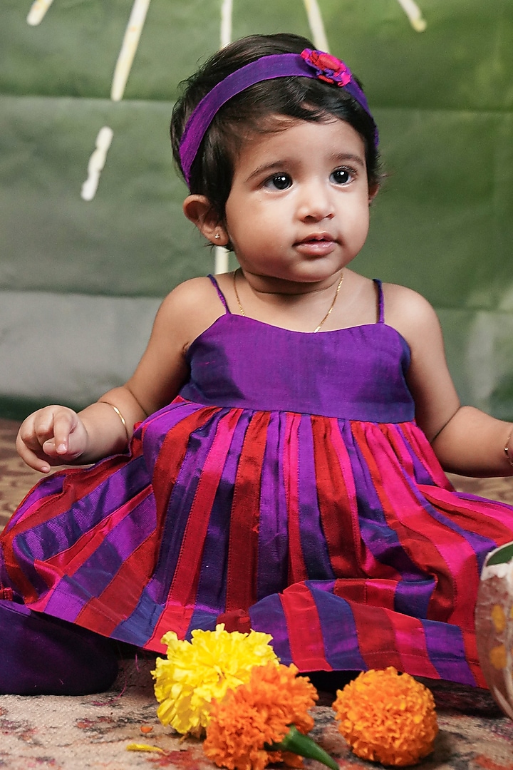 Pink & Purple & Red Handloom Cotton Silk Dress For Girls by Mirali at Pernia's Pop Up Shop
