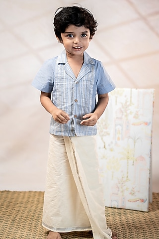 Blue Handloom Cotton Striped Printed Shirt For Boys by Mirali