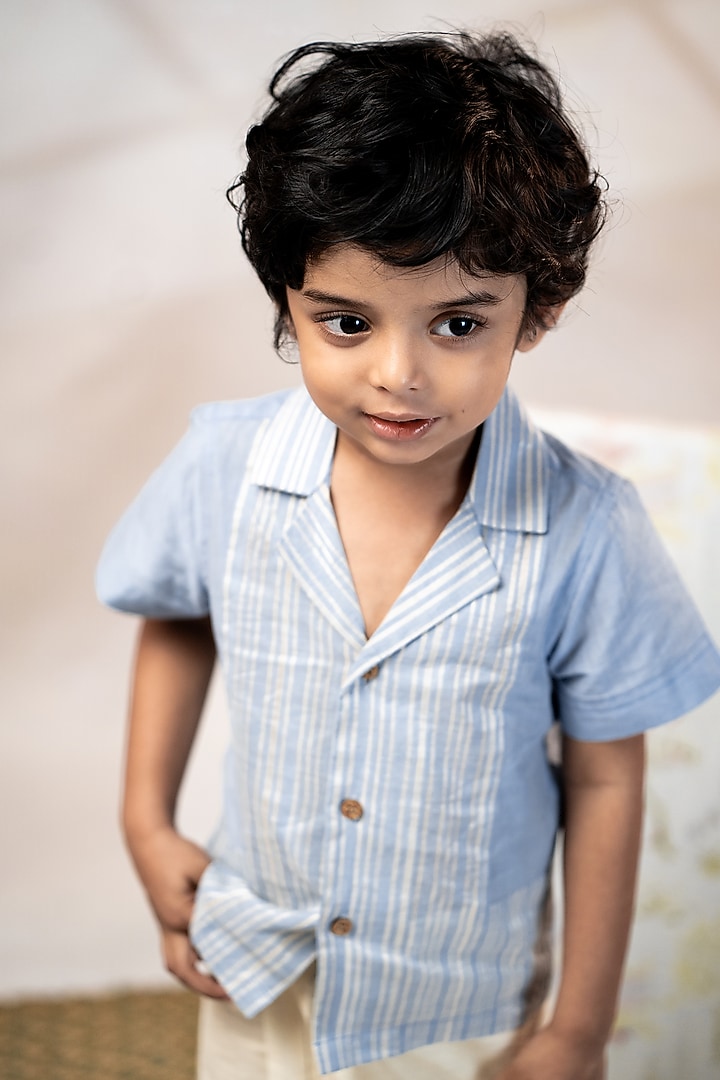 Blue Handloom Cotton Striped Printed Shirt For Boys by Mirali at Pernia's Pop Up Shop