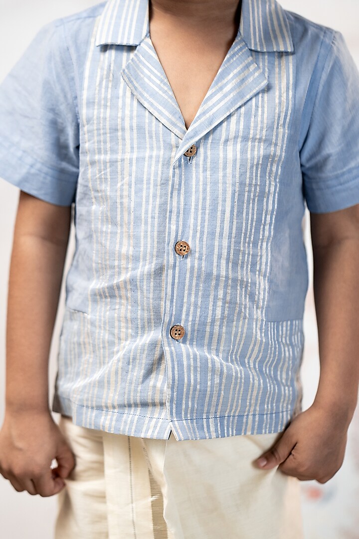 Blue Handloom Cotton Striped Printed Shirt For Boys by Mirali at Pernia's Pop Up Shop
