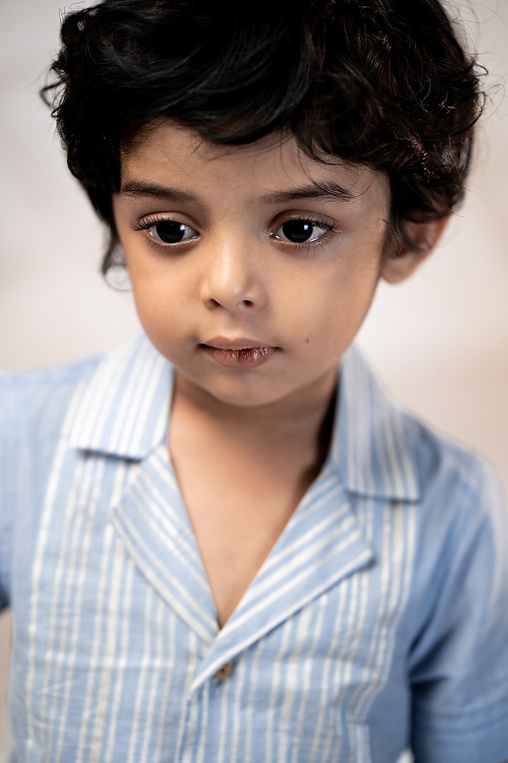 Blue Handloom Cotton Striped Printed Shirt For Boys by Mirali at Pernia's Pop Up Shop