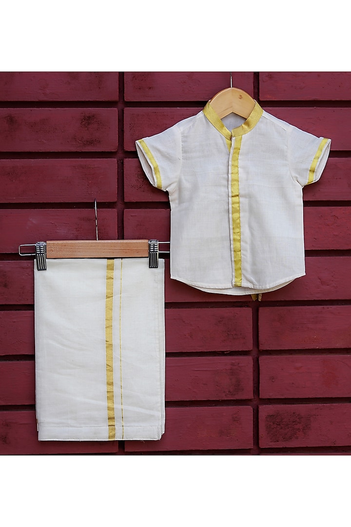 Cream Handloom Shirt For Boys by Mirali