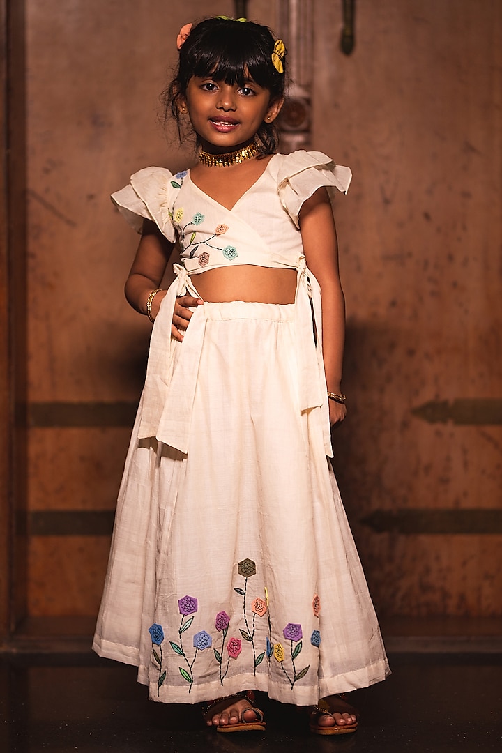 Cream Handloom Floral Applique Skirt Set For Girls by Mirali
