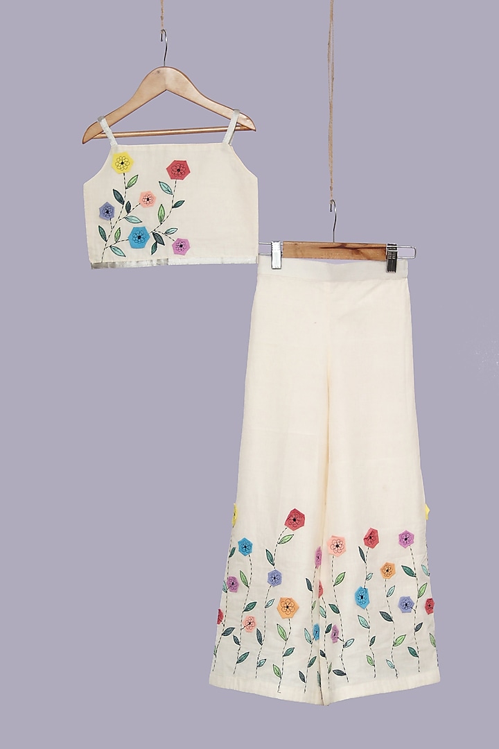 Cream Handloom Pant Set For Girls by Mirali at Pernia's Pop Up Shop