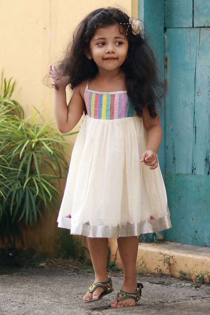 Cream Handloom Striped Dress For Girls by Mirali