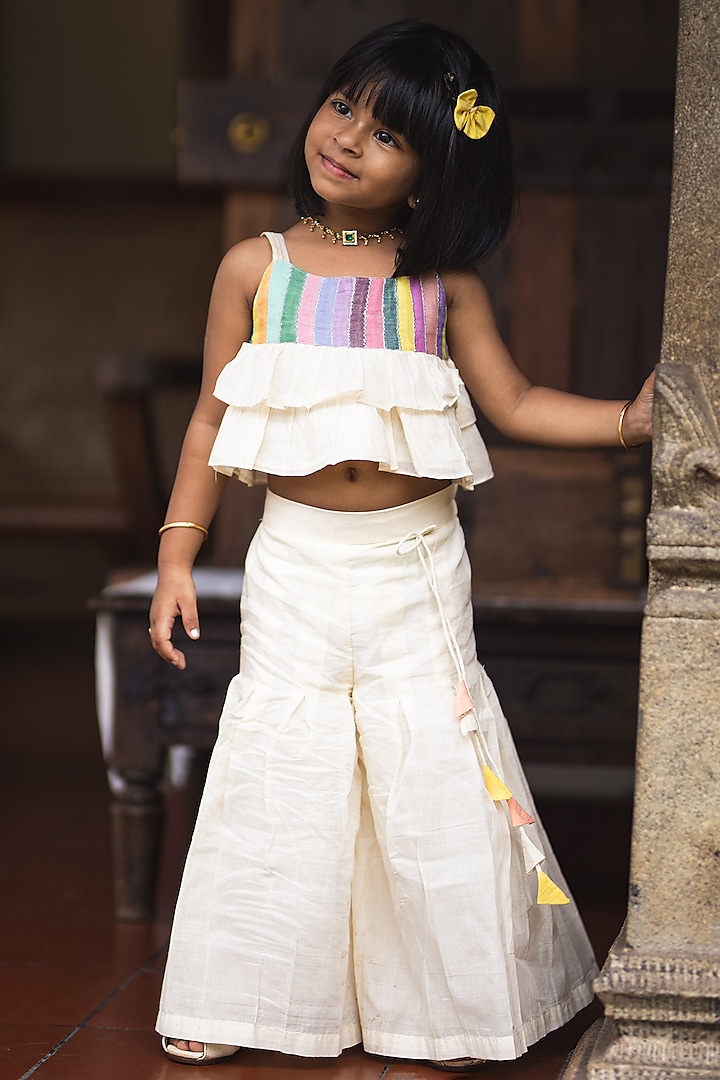 Cream Handwoven Cotton Palazzo Pant Set For Girls by Mirali