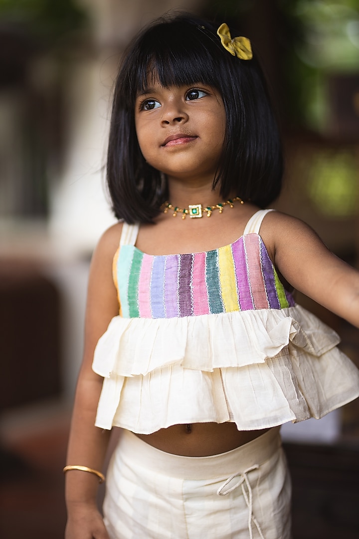 Cream Handwoven Cotton Palazzo Pant Set For Girls by Mirali at Pernia's Pop Up Shop