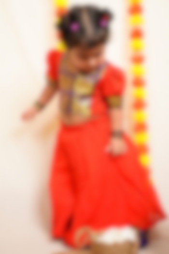 Vibrant Red Handloom Skirt Set For Girls by Mirali at Pernia's Pop Up Shop