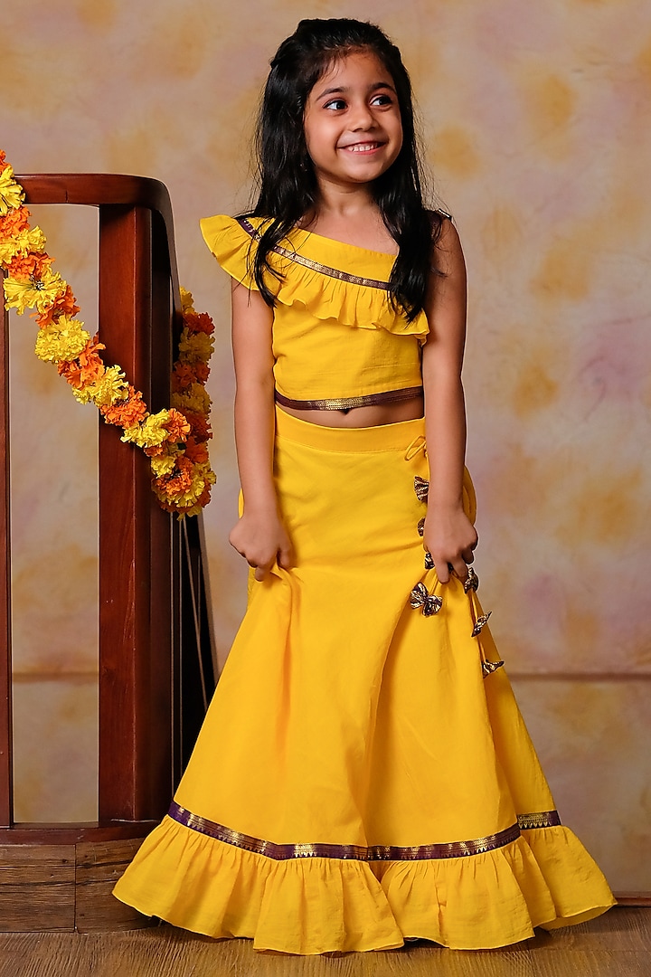 Yellow Handloom Cotton Frilled Skirt Set For Girls by Mirali