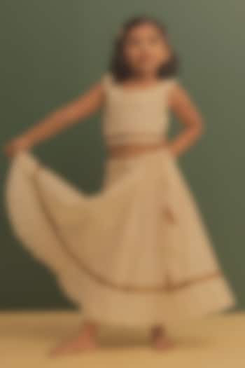 Cream Handloom Cotton Ruffled A-line Skirt Set For Girls by Mirali