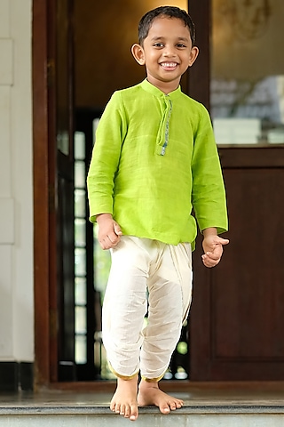White Pure Handwoven Cotton Dhoti Set For Boys by Mirali