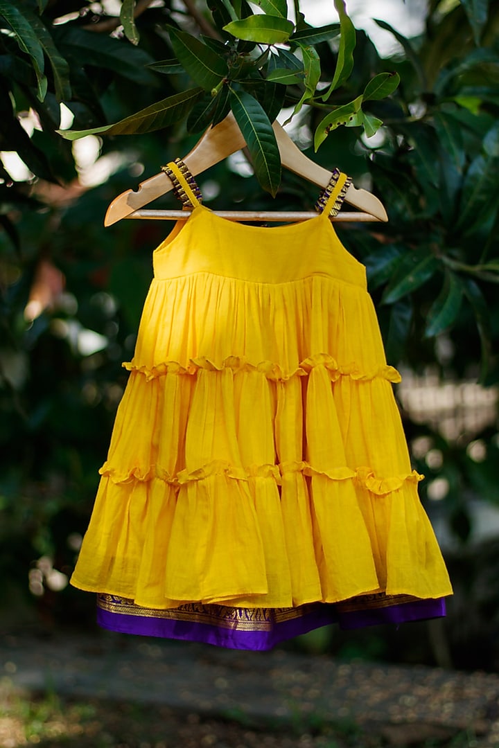 Yellow Handloom Frilled Dress For Girls by Mirali
