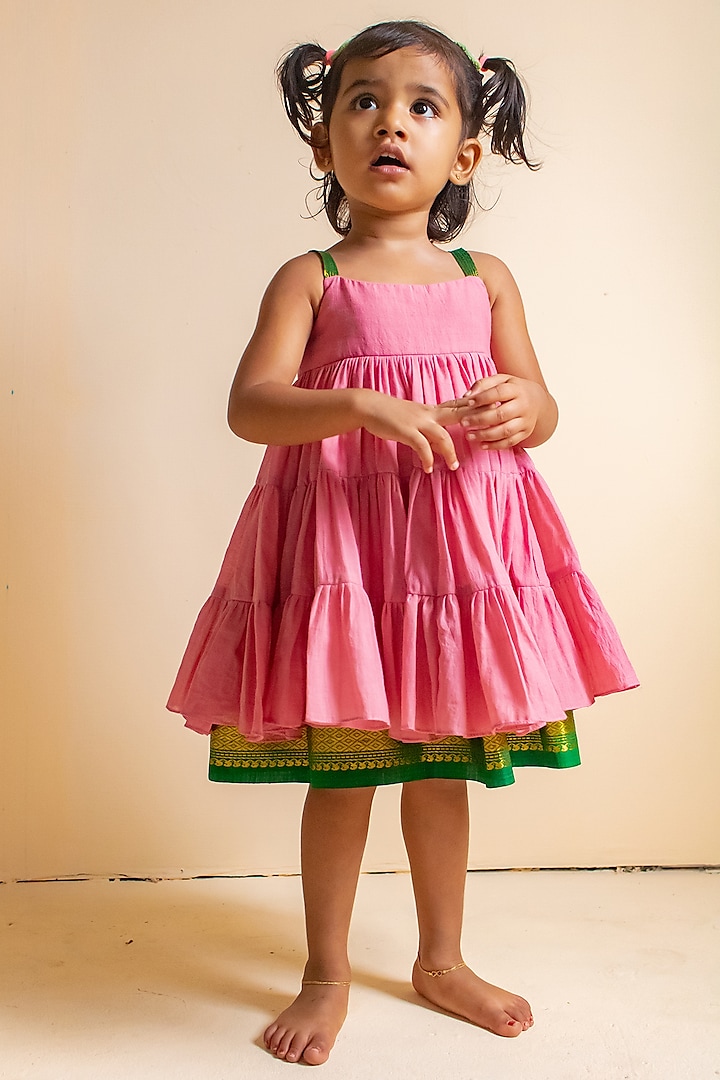 Baby Pink Pure Cotton Tiered Dress For Girls by Mirali