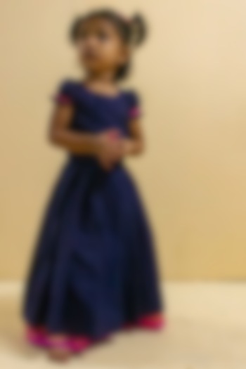 Navy Blue Handloom Skirt Set For Girls by Mirali at Pernia's Pop Up Shop