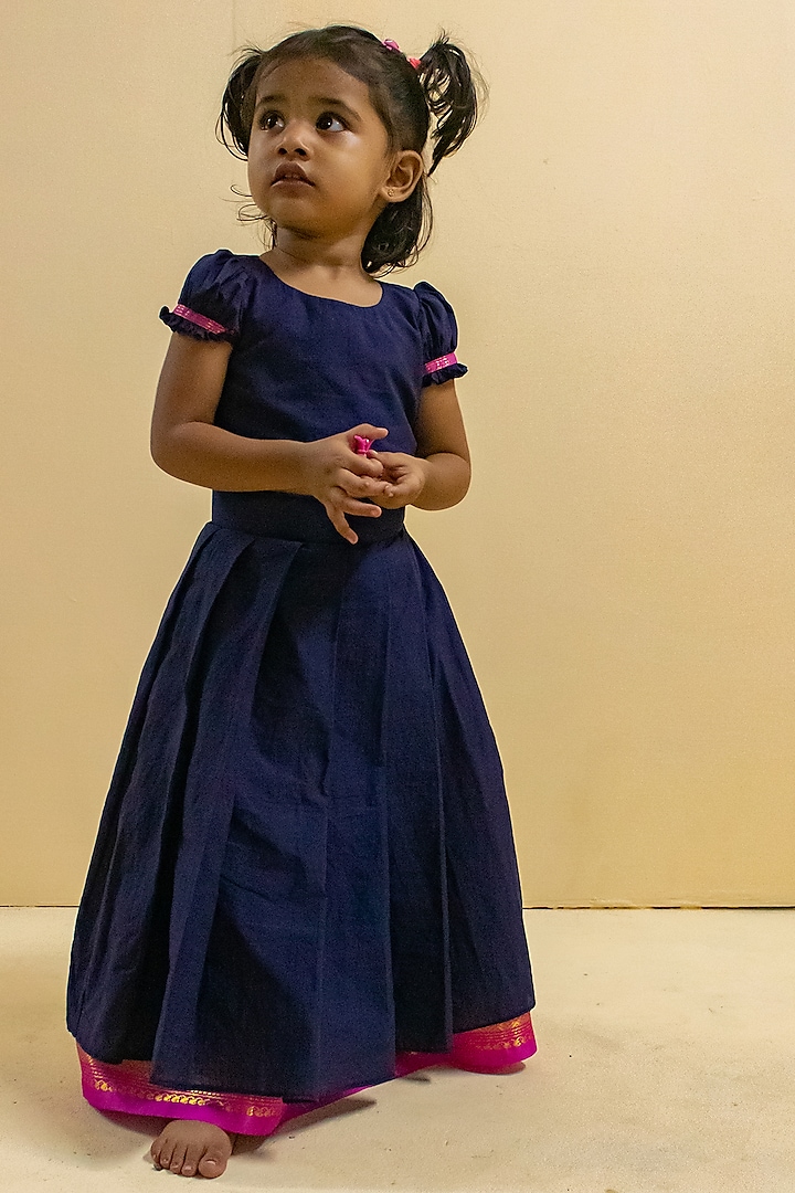 Navy Blue Handloom Skirt Set For Girls by Mirali at Pernia's Pop Up Shop