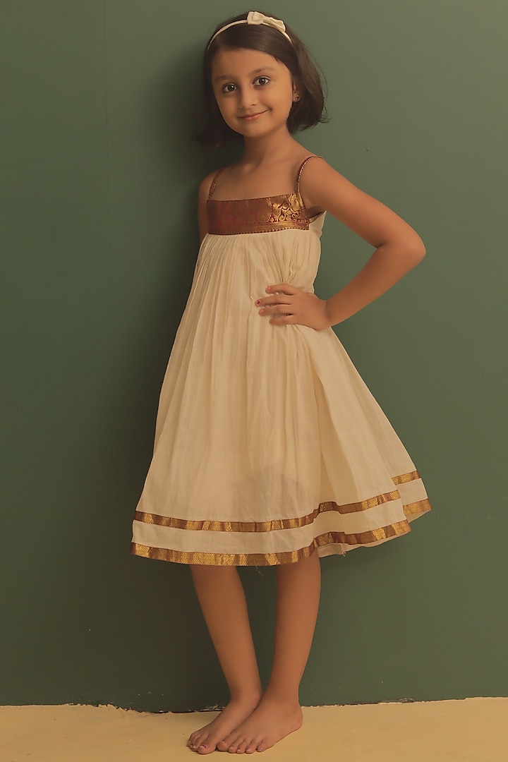 Cream Pure Handloom Cotton Dress For Girls by Mirali at Pernia's Pop Up Shop