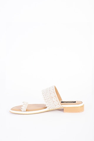 White Vegan Leather Hand Embellished Flats by Miraki