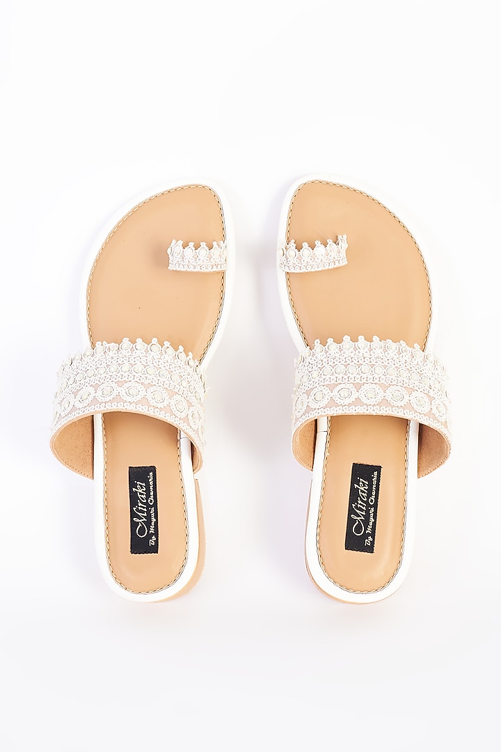 White Vegan Leather Hand Embellished Flats by Miraki at Pernia's Pop Up Shop