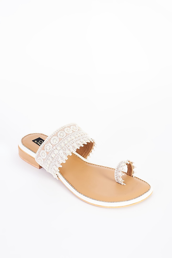 White Vegan Leather Hand Embellished Flats by Miraki at Pernia's Pop Up Shop