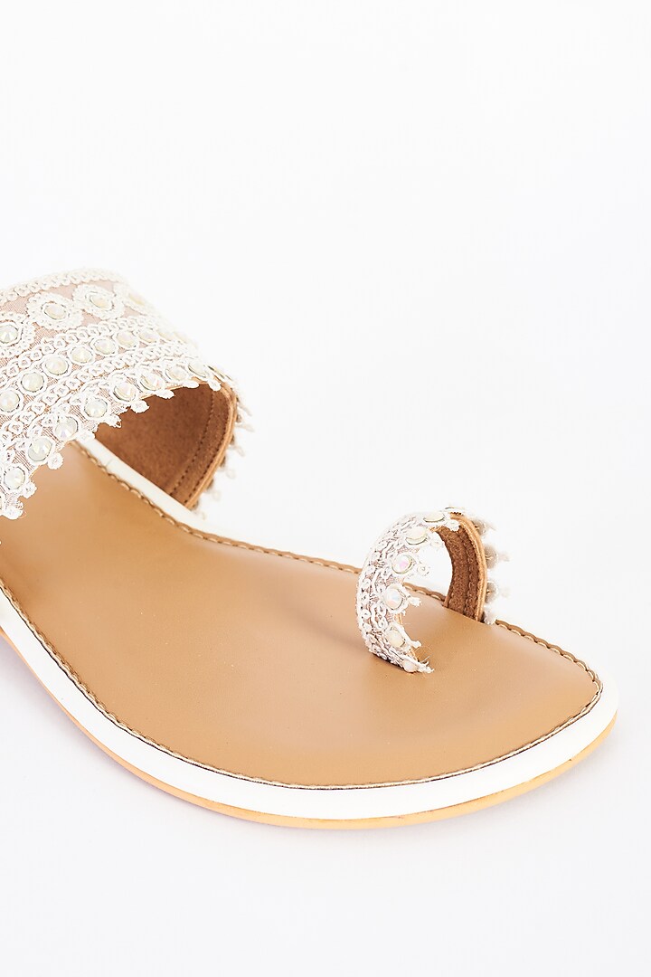 White Vegan Leather Hand Embellished Flats by Miraki at Pernia's Pop Up Shop