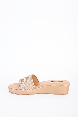 Gold Vegan Leather Embellished Slip-Ons by Miraki