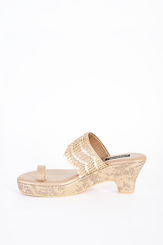 Gold Vegan Leather Hand Embellished Wedges by Miraki