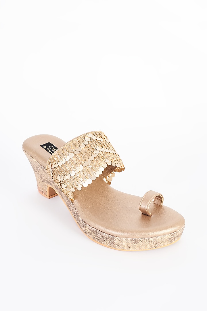 Gold Vegan Leather Hand Embellished Wedges by Miraki at Pernia's Pop Up Shop