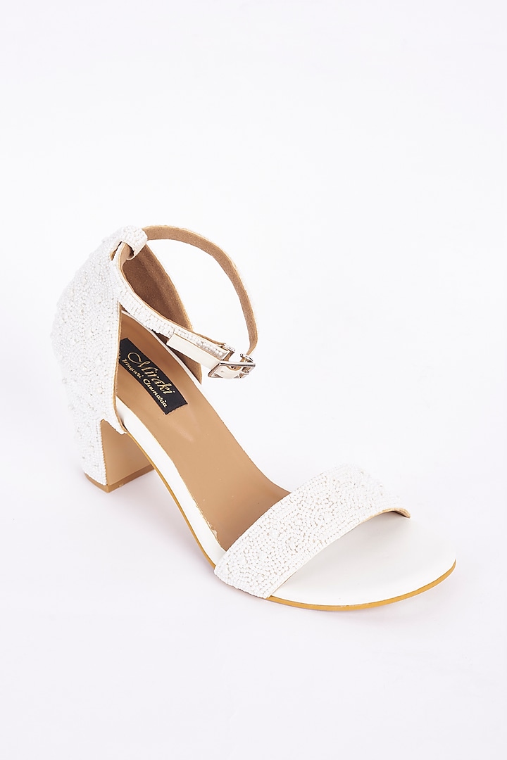 White Embellished Block Heels by Miraki