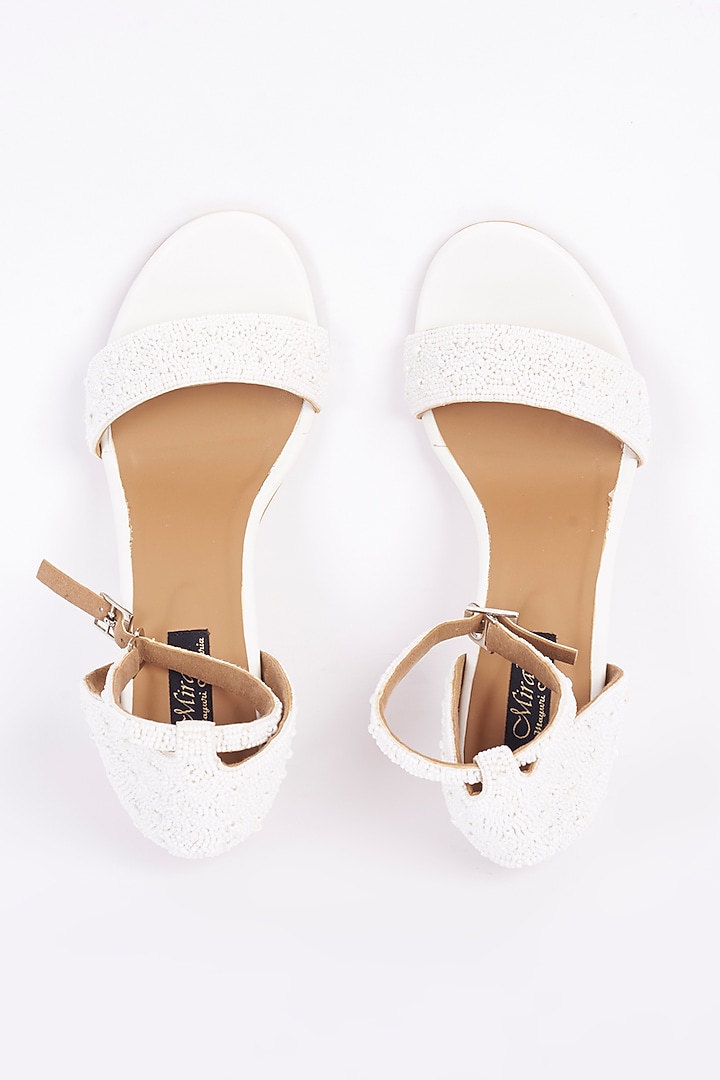 White Embellished Block Heels by Miraki at Pernia's Pop Up Shop