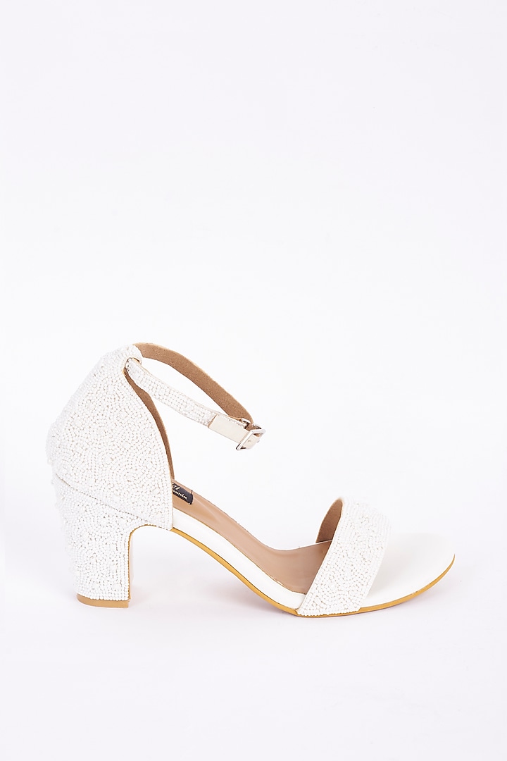 White Embellished Block Heels by Miraki at Pernia's Pop Up Shop