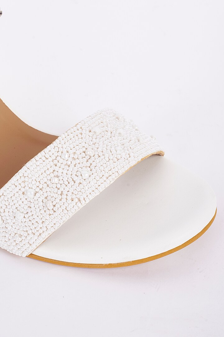 White Embellished Block Heels by Miraki at Pernia's Pop Up Shop
