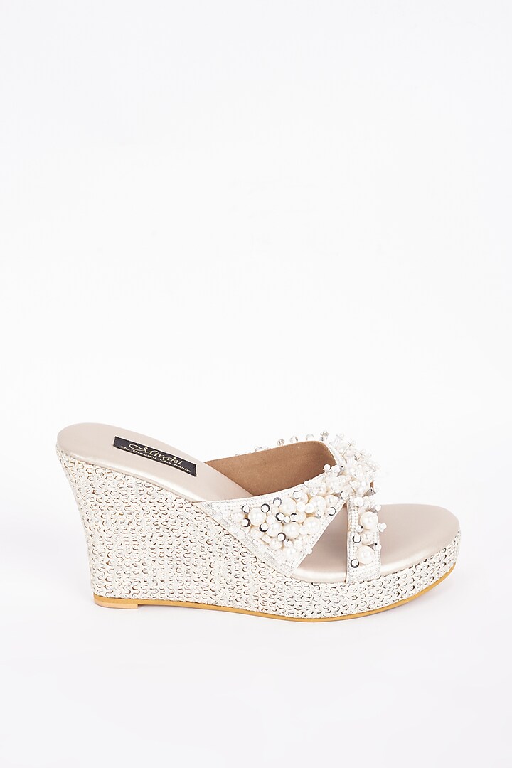 White Embellished Wedges by Miraki at Pernia's Pop Up Shop