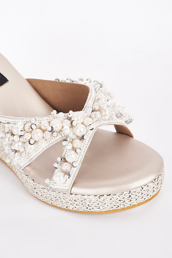 White Embellished Wedges by Miraki at Pernia's Pop Up Shop