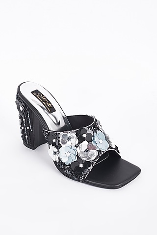 Black Floral Embellished Block Heels by Miraki