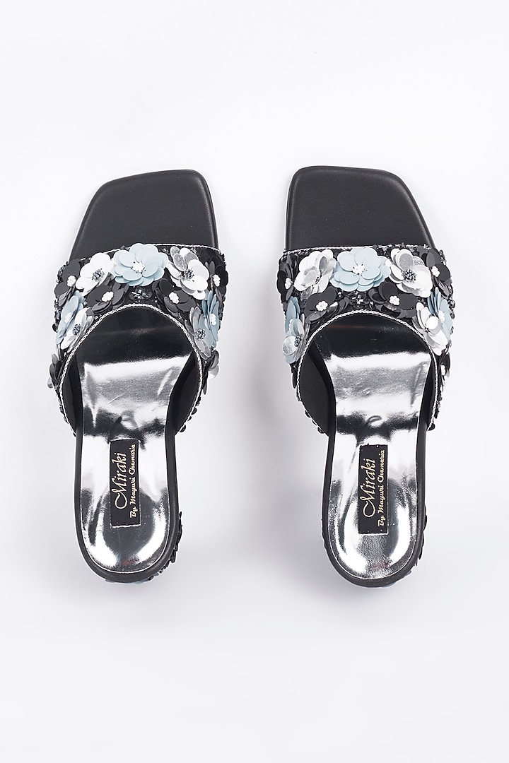 Black Floral Embellished Block Heels by Miraki at Pernia's Pop Up Shop