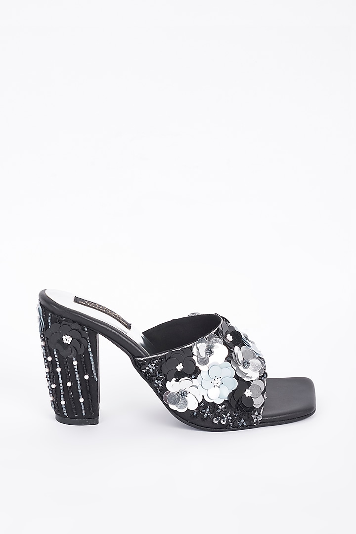 Black Floral Embellished Block Heels by Miraki at Pernia's Pop Up Shop