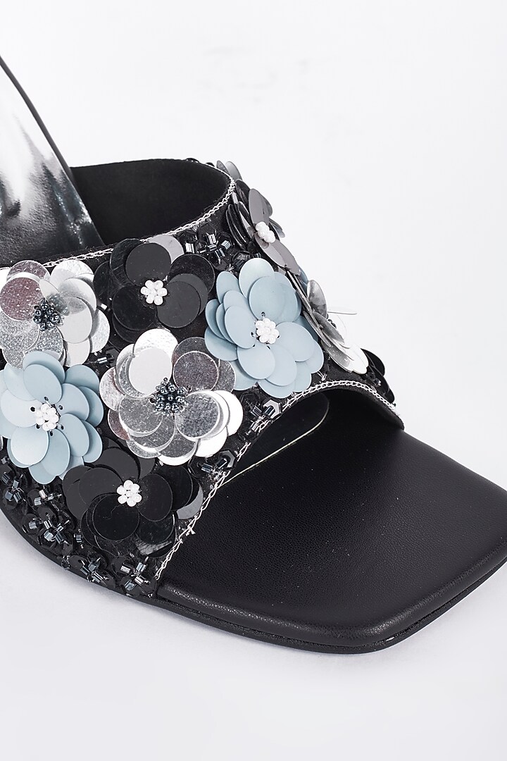 Black Floral Embellished Block Heels by Miraki at Pernia's Pop Up Shop