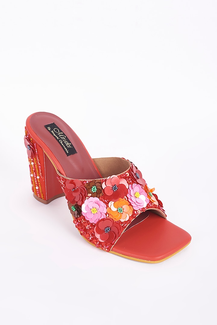 Red Floral Embellished Block Heels by Miraki