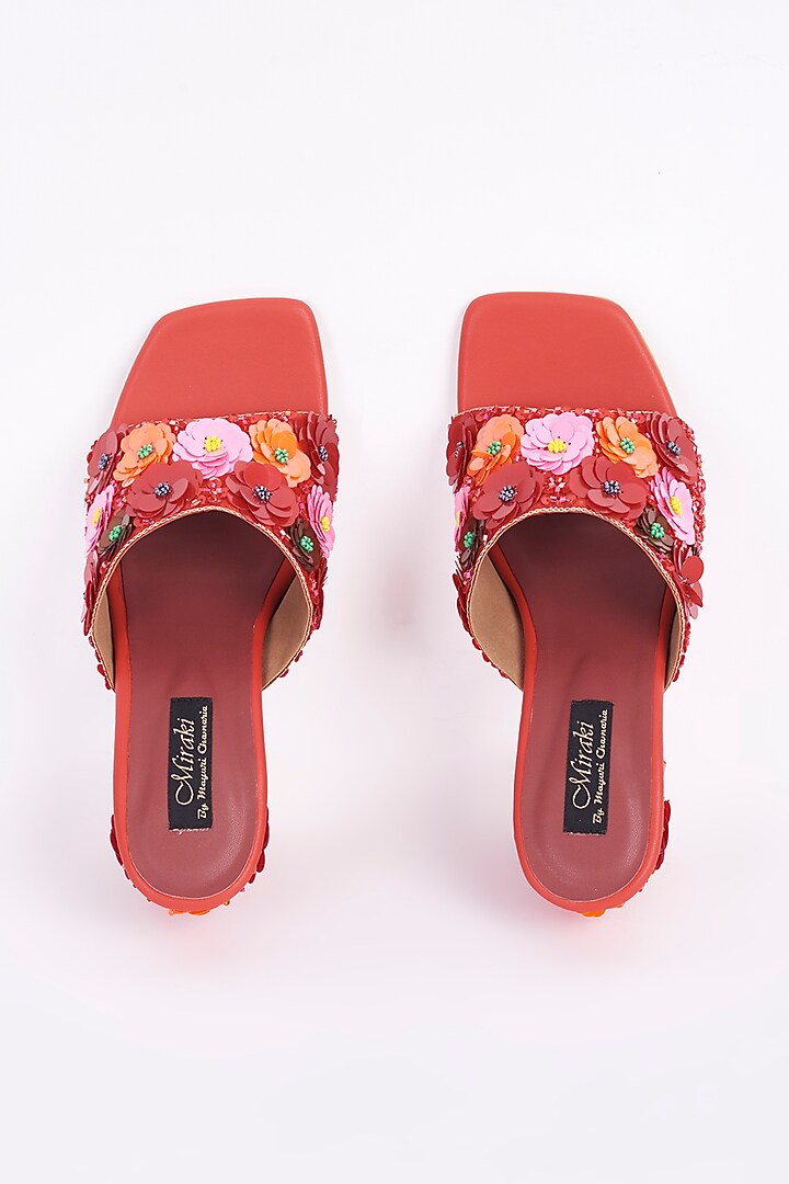 Red Floral Embellished Block Heels by Miraki at Pernia's Pop Up Shop