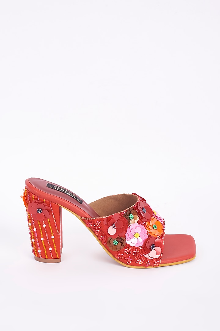 Red Floral Embellished Block Heels by Miraki at Pernia's Pop Up Shop