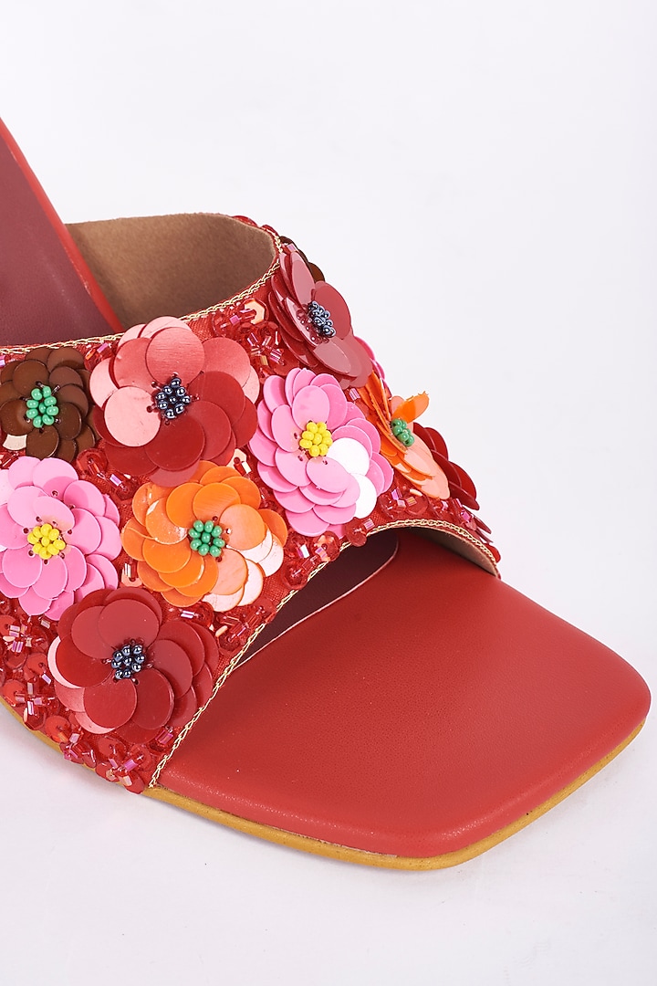 Red Floral Embellished Block Heels by Miraki at Pernia's Pop Up Shop