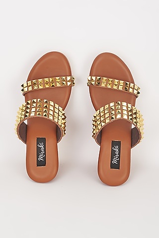 Tan Brown Vegan Leather Embellished Slip-On Wedges by Miraki