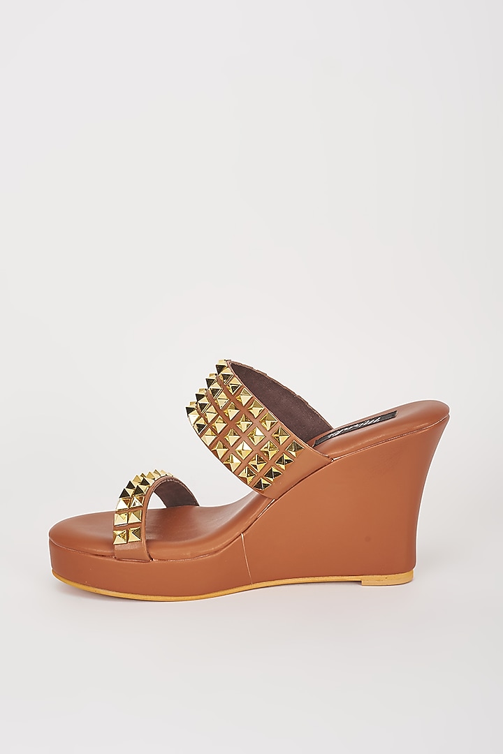 Tan Brown Vegan Leather Embellished Slip-On Wedges by Miraki at Pernia's Pop Up Shop