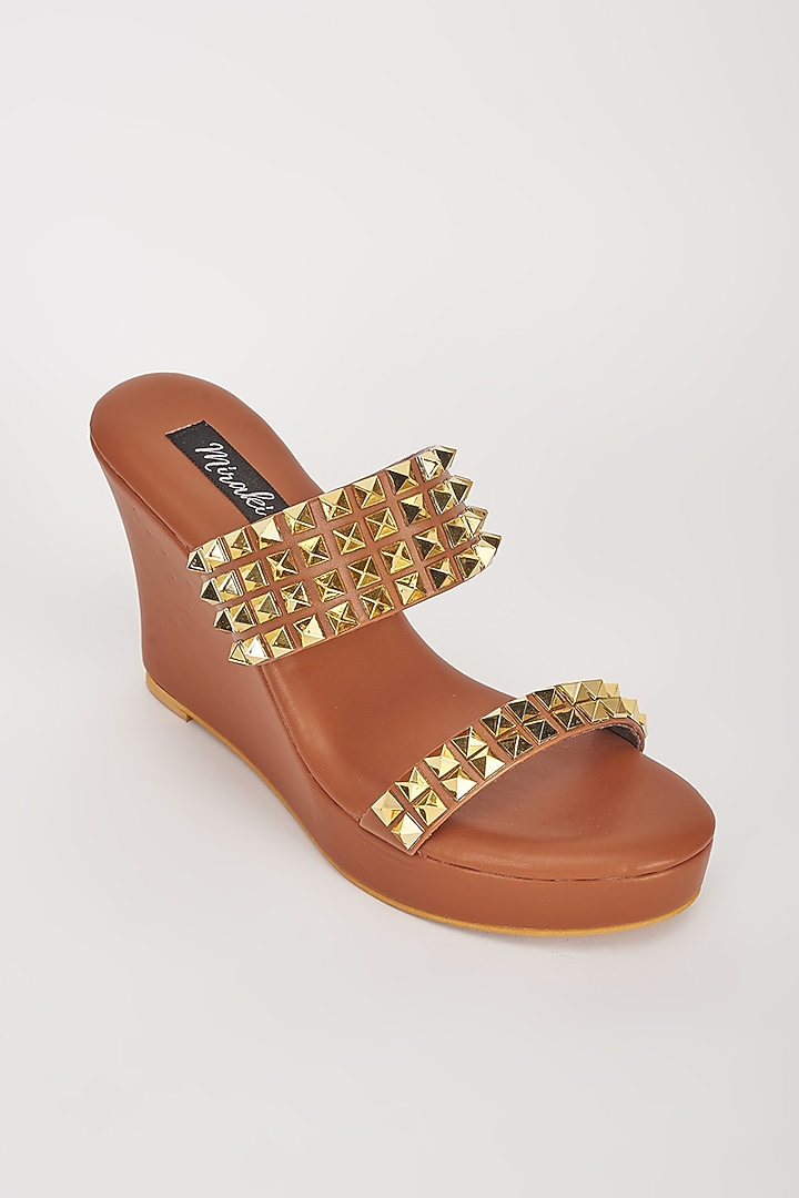 Tan Brown Vegan Leather Embellished Slip-On Wedges by Miraki at Pernia's Pop Up Shop