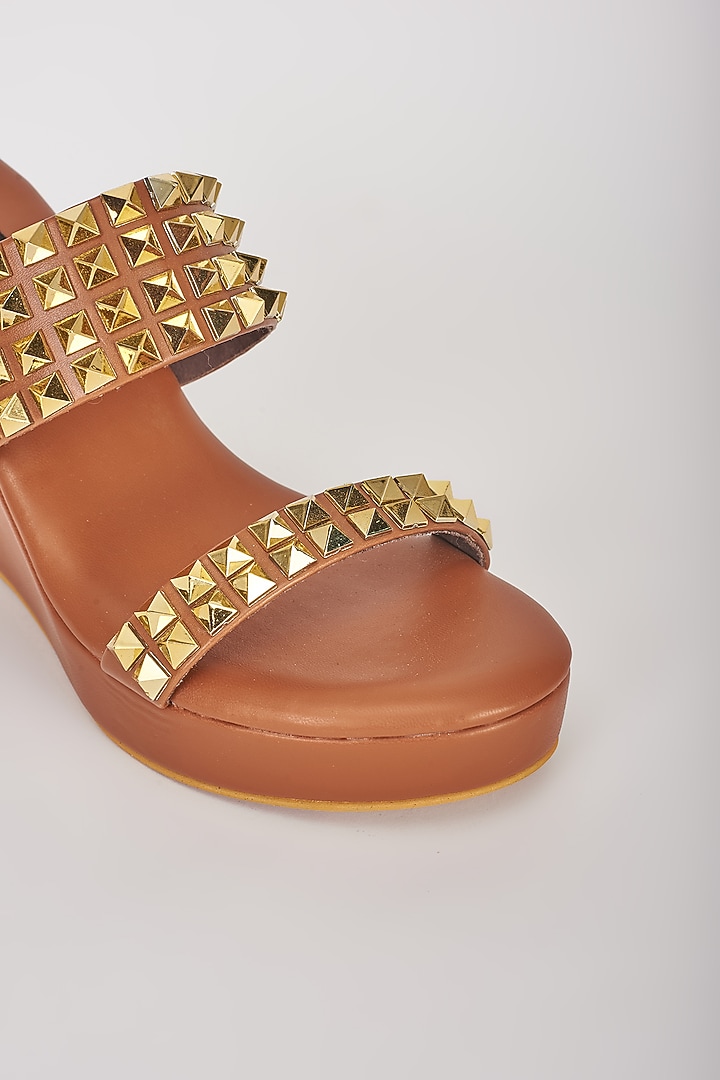 Tan Brown Vegan Leather Embellished Slip-On Wedges by Miraki at Pernia's Pop Up Shop