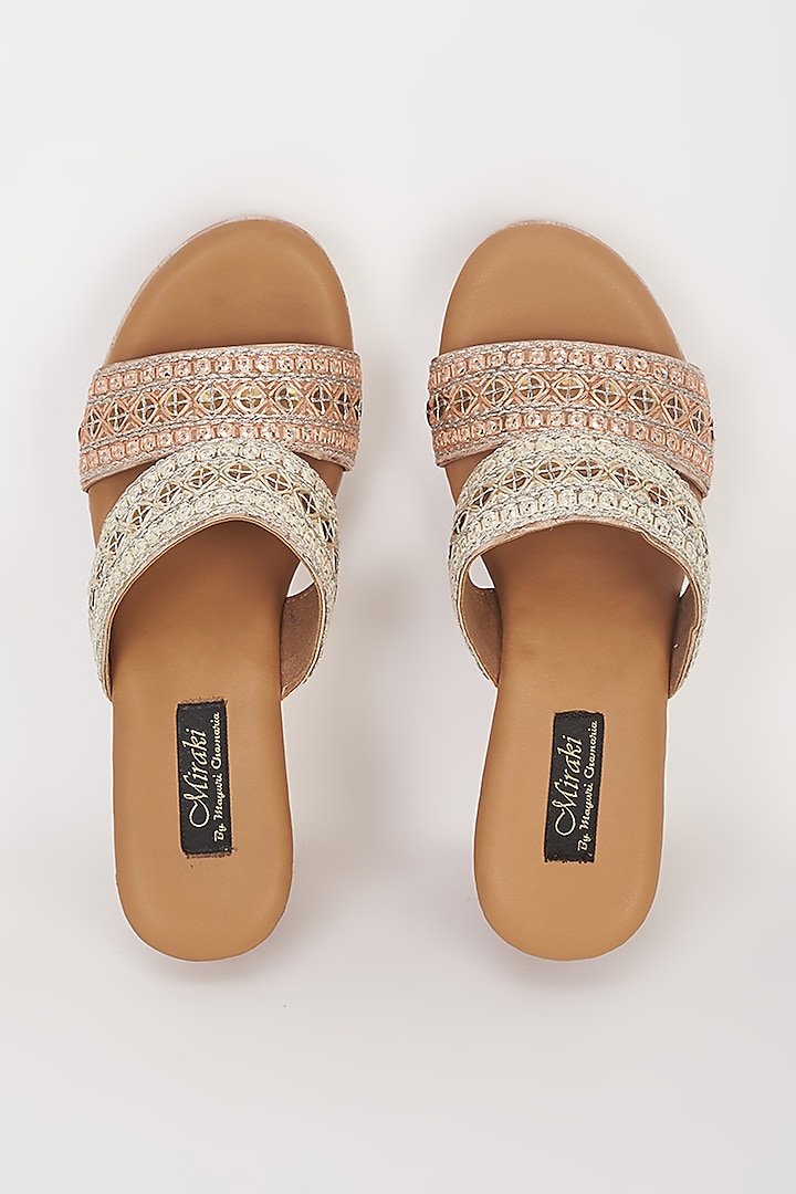 Peach & Off-White Vegan Leather Embroidered Wedges by Miraki