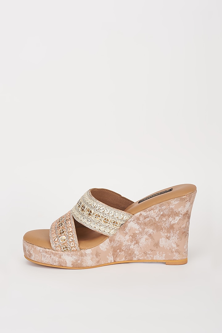 Peach & Off-White Vegan Leather Embroidered Wedges by Miraki at Pernia's Pop Up Shop