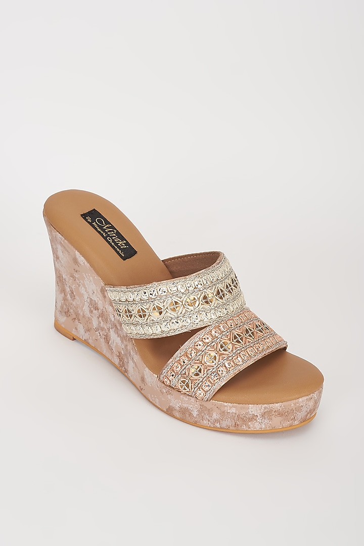 Peach & Off-White Vegan Leather Embroidered Wedges by Miraki at Pernia's Pop Up Shop